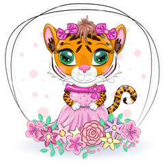 Cute cartoon tiger girl with beautiful eyes in a dress. Chinese New Year 2022, Christmas Year of the Tiger