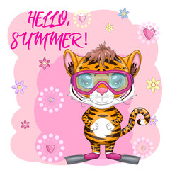 Cartoon tiger wearing goggles and swimming flippers, Summer is coming. Vacation, sea, rest. Children's stylistics, cute. Symbol of 2022