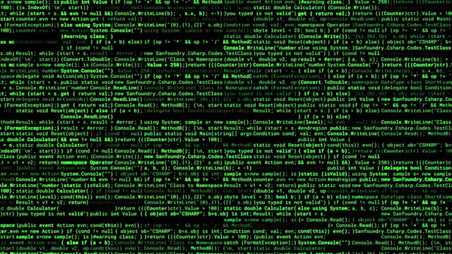 Program code of matrix on black background. Animation. Green text from set of codes providing matrix database. Large green matrix-style text on black background