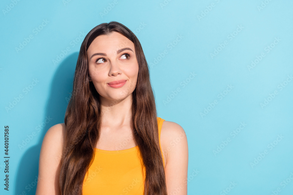 Sticker photo portrait woman in yellow clothes looking copyspace dreamy isolated pastel blue color backgroun