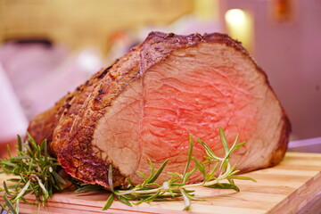 Close up Roast beef, an oven-roasted beef specialty. selective focus