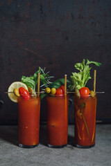 three Bloody Mary cocktails in a row 