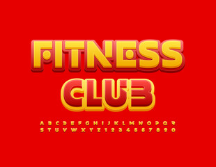 Vector bright logo Fitness Club. Red and Yellow Alphabet Letters and Numbers set. Creative modem Font