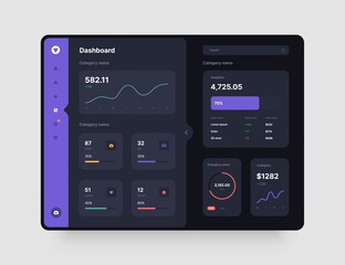 Dashboard Design. App interface with UI and UX elements. Use design for web application, desktop app or website. Dark mode.