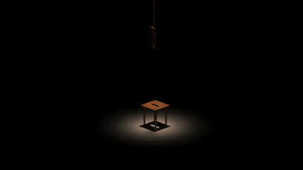 Rope noose, gallows on a stool in the center of the circle of light. 3d render.