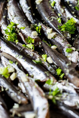 Close-up of fresh anchovies to be cooked in a pan with garlic and parsley.
