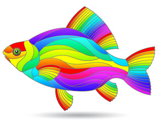 Stained glass-style illustration with an abstract rainbow fish, an animal isolated on a white background