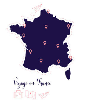 Carte  vectorielle France. Voyage en France, destination dans les plus grandes villes. Carte avec ic&ocirc;nes, pictogrammes de voyage.