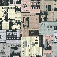 Vector seamless pattern with a collage of magazine and newspaper clippings. Colored abstract background with unreadable text, illustrations and titles. Wallpaper, wrapping paper or fabric design