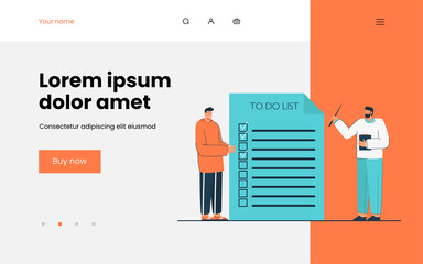 Cartoon teacher and student standing near giant to do list. Flat vector illustration. Man with pointer and young guy checking to do list. Planning, time management, mentoring, education concept