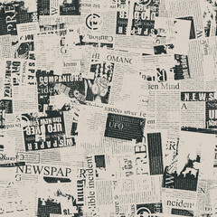 Abstract seamless pattern with chaotic layering of unreadable newspaper text, illustrations and titles on an old paper backdrop. Monochrome vector background, Wallpaper, wrapping paper, fabric design - 440111300