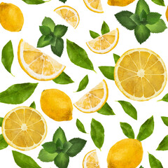 Floral seamless pattern with realistic delicate lemon slices and mint leaves, ingredients for herbal tea. Can be used for a greetings, invitations, posters