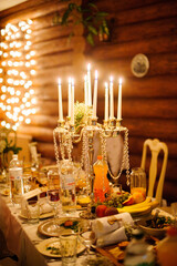 Wonderful Magical Interior of Table for Newlyweds Table in Rustic Style with Natural Decor. Wedding Decor