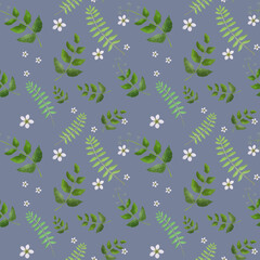 Wild meadow leaves seamless pattern. Background with greenery, adorable, natural, hand-drawn illustration. Nature illustration for wrapping paper, textile, decorations.
