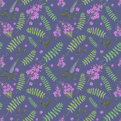 Fototapeta na wymiar Pattern with summer bright pink purple flowers. Hand drawn illustration of beautiful flowers on violet background