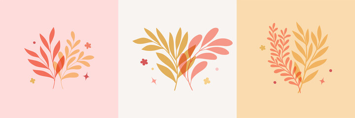 Vector modern floral arrangement background. Cute delicate botanical illustration with leaves and plants.