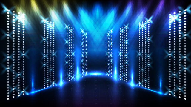 Abstract futuristic blue background of glowing stage with beautiful spotlight ray