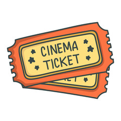 Two colored cinema tickets isolated on white background. Flat hand drawn cinema ticket. Sketch icon movie entrance ticket. Template admission pass mockup or performance coupon. Art stroke design.