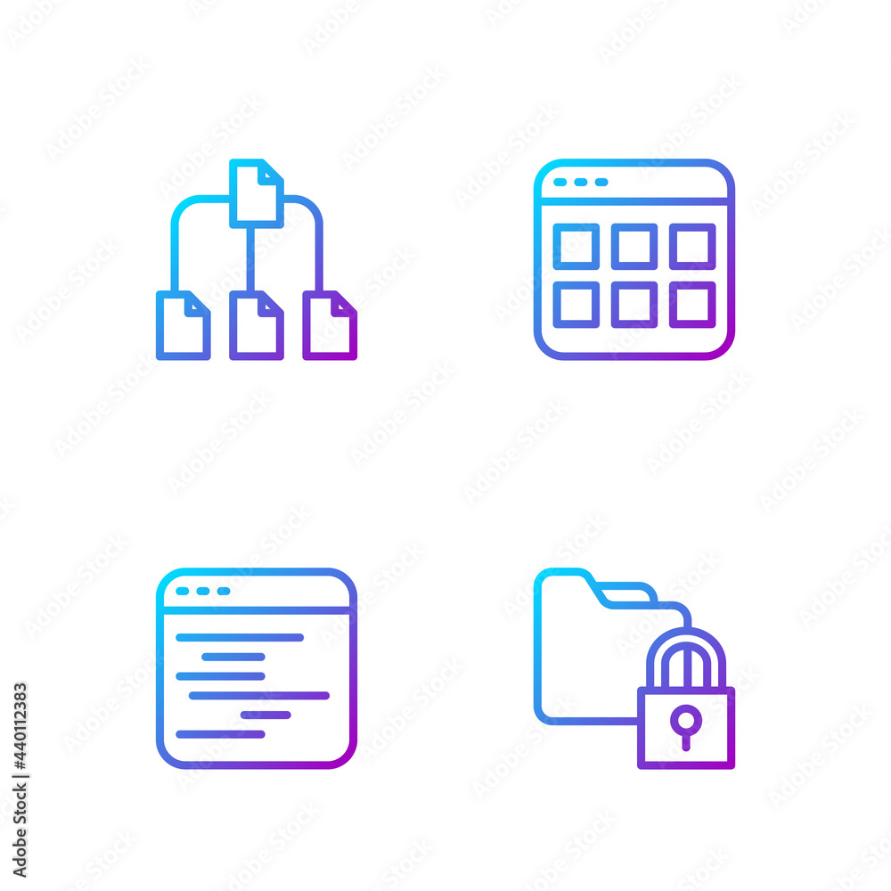 Poster set line folder and lock, software, tree and browser files. gradient color icons. vector