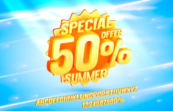 Summer sale up to 50 banner, promotion flyer, retro label. Vector