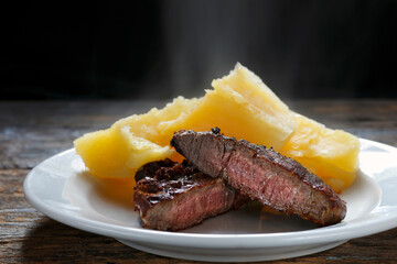 Roast beef open in half with cassava