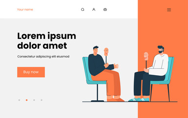 Two cartoon men taking off their masks, becoming sincere. Flat vector illustration. Men sitting opposite each other, holding face masks, hiding feelings. Dissimulation, honesty, disguise concept