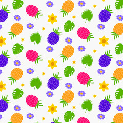 Seamless pattern with raspberries tropical leaves,  flowers. 