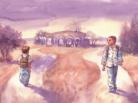 conceptual illustration of growth. Adult man looking at a child. Child with a backpack seen from behind walking along a country road. Man at the end of a road.