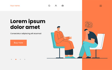 Psychotherapeutic session flat vector illustration. Man attending psychotherapist, sorting out his problems and psychological trauma. Mental treatment, psychotherapeutics, medicine help concept