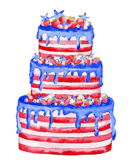 Large American cake with strawberries. Patriotic design for the 4th of July USA Independence Day. Watercolor illustration isolated on white background