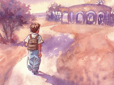 conceptual illustration of growth. Child with a backpack seen from behind walking along a country road at sunset. Road as a metaphor for life.