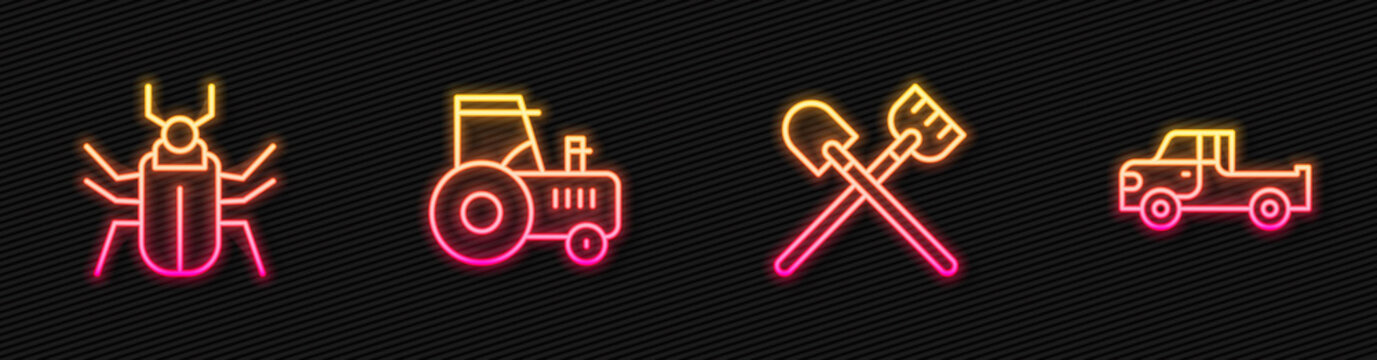 Set line Shovel, Insect fly, Tractor and Pickup truck. Glowing neon icon. Vector