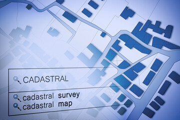 Imaginary cadastral map of territory with buildings and land parcel - land registry concept with...