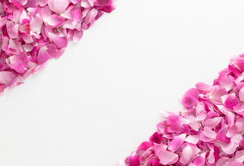 Pink rose petals on left upper and right bottom corner on white wooden background.