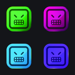 Angry Emoticon Square Face four color glass button icon