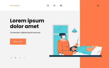 Doctor giving injection to woman. Vaccination of population. Female doctor giving shot of medicine to patient. Syringe with medicine. Medical concept for banner, website design or landing web page
