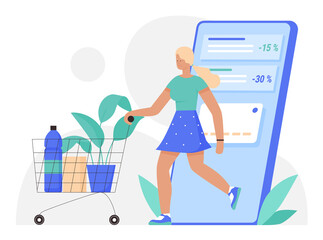 Online shopping, ecommerce vector illustration. Cartoon woman customer character buying in grocery store on big smartphone screen, using shop app digital technology for shopping isolated on white