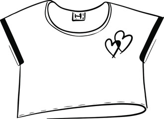 Women's T-shirt, top with a heart print. Line drawing. Vector graphics