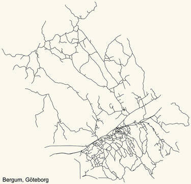 Black simple detailed street roads map on vintage beige background of the quarter Bergum district of Gothenburg, Sweden