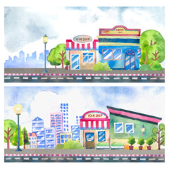 Cartoon style watercolor landscape paintings of city and shop with decorative trees and buildings in the background.