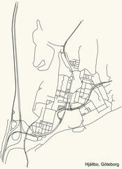 Black simple detailed street roads map on vintage beige background of the quarter Hjällbo district of Gothenburg, Sweden