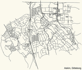 Black simple detailed street roads map on vintage beige background of the quarter Askim district of Gothenburg, Sweden
