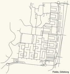 Black simple detailed street roads map on vintage beige background of the quarter Flatås district of Gothenburg, Sweden