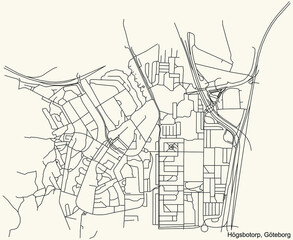 Black simple detailed street roads map on vintage beige background of the quarter Högsbotorp district of Gothenburg, Sweden