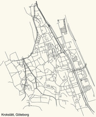 Black simple detailed street roads map on vintage beige background of the quarter Krokslätt district of Gothenburg, Sweden