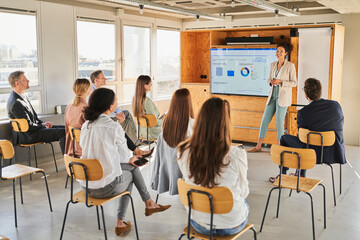 Mid adult businesswoman giving presentation to colleagues in educational event