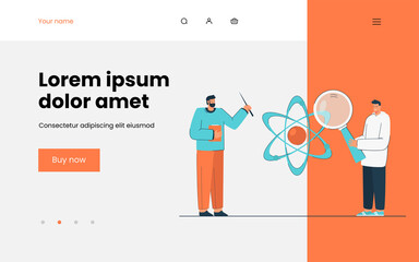 Student and teacher passionate about science. Flat vector illustration. Young man with giant magnifying glass, professor with pointer, atom model in background. Science, education, physics concept