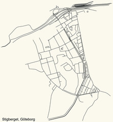 Black simple detailed street roads map on vintage beige background of the quarter Stigberget district of Gothenburg, Sweden