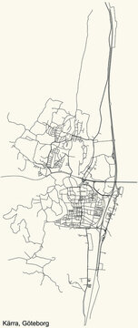 Black simple detailed street roads map on vintage beige background of the quarter K&auml;rra district of Gothenburg, Sweden