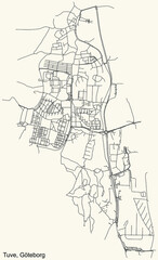 Black simple detailed street roads map on vintage beige background of the quarter Tuve district of Gothenburg, Sweden